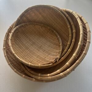 6 Nesting Brown Rounded Woven Wicker Rattan Basket Vegetable Fruit Boho Country